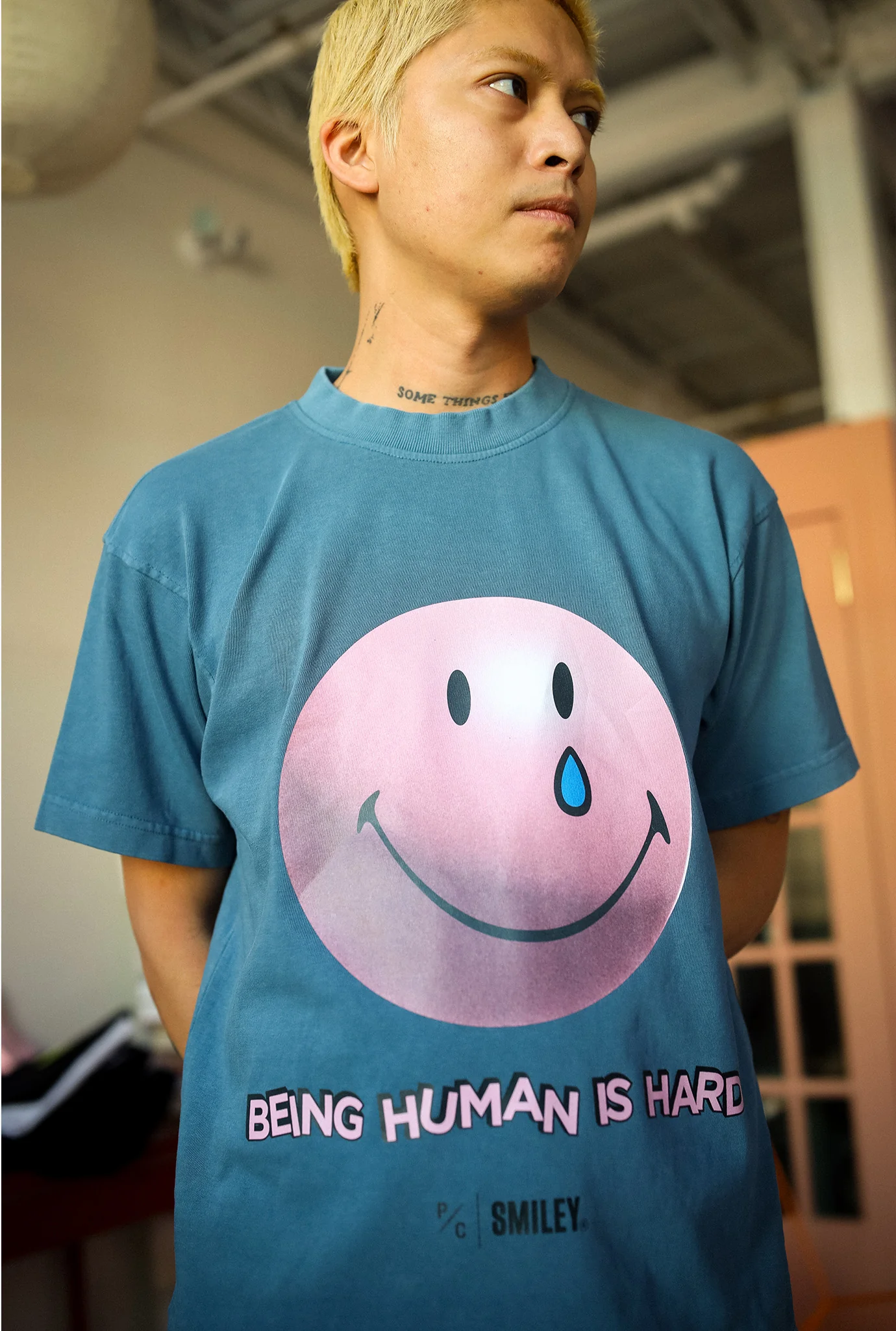 SMILEY: Being Human is Hard Heavyweight Garment Dyed T-Shirt - Pebble Blue - Image 2