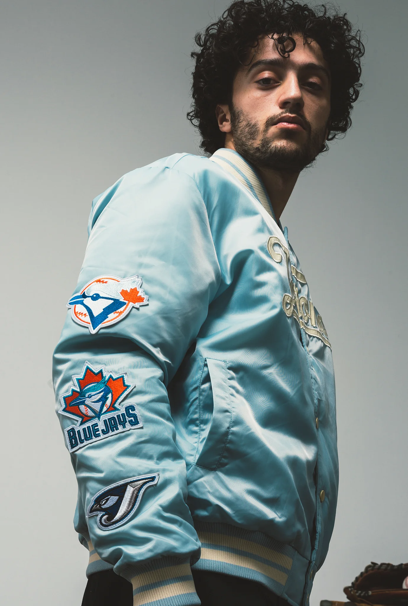 Toronto Blue Jays Ribbed Nylon Varsity Jacket - Baby Blue - Image 3